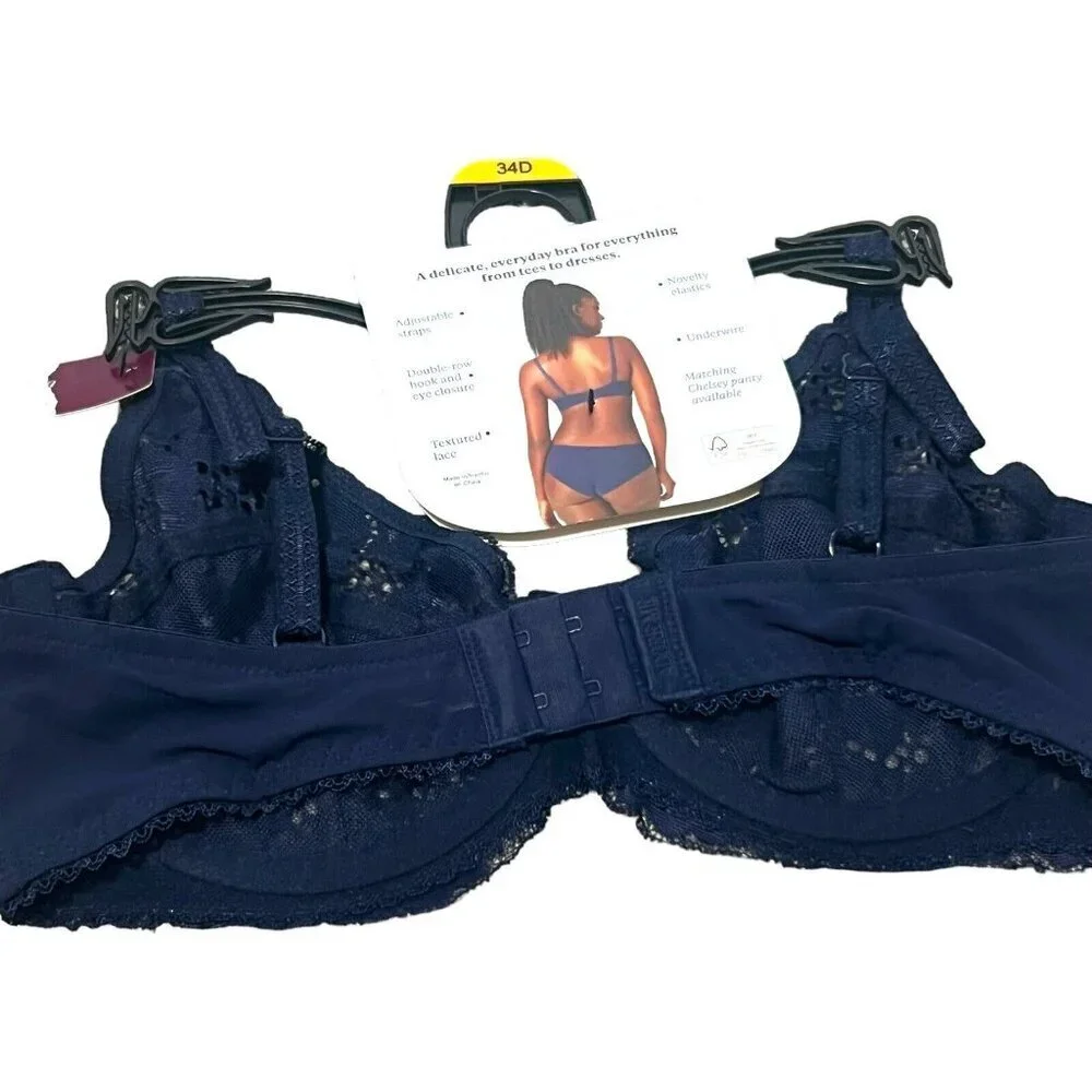 Adored Women's Chelsey Unlined Underwire Bra‎ Lace Navy Blue 34D NWT